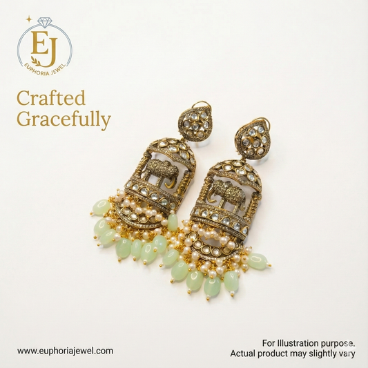 The Maharaja Elephant Statement Earrings – Antique Gold with Mint & Pearl Drops