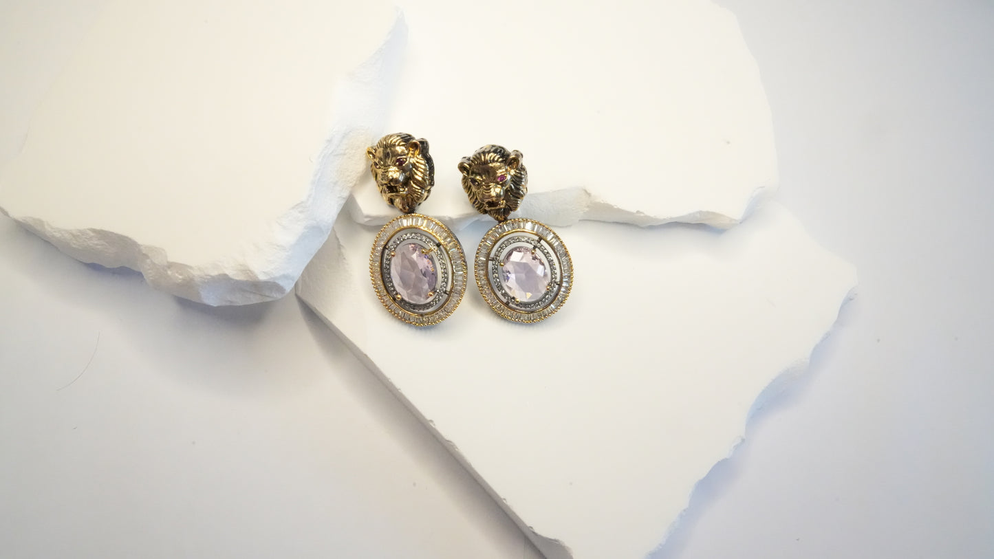 The "Majestic Lion" Statement Drop Earrings – Pink Crystal & Antique Gold