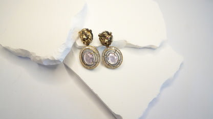 The "Majestic Lion" Statement Drop Earrings – Pink Crystal & Antique Gold