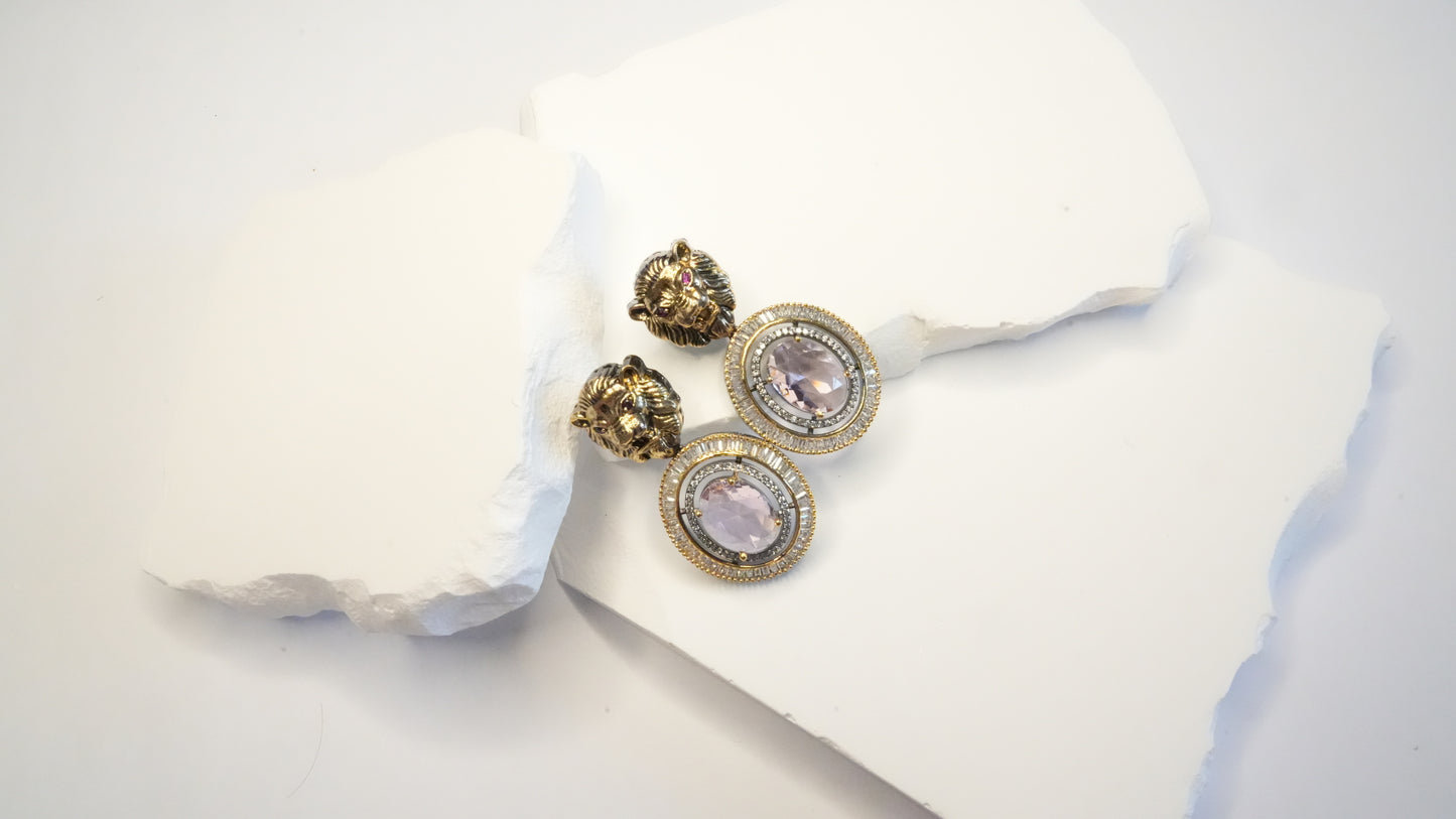 The "Majestic Lion" Statement Drop Earrings – Pink Crystal & Antique Gold