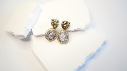 The "Majestic Lion" Statement Drop Earrings – Pink Crystal & Antique Gold