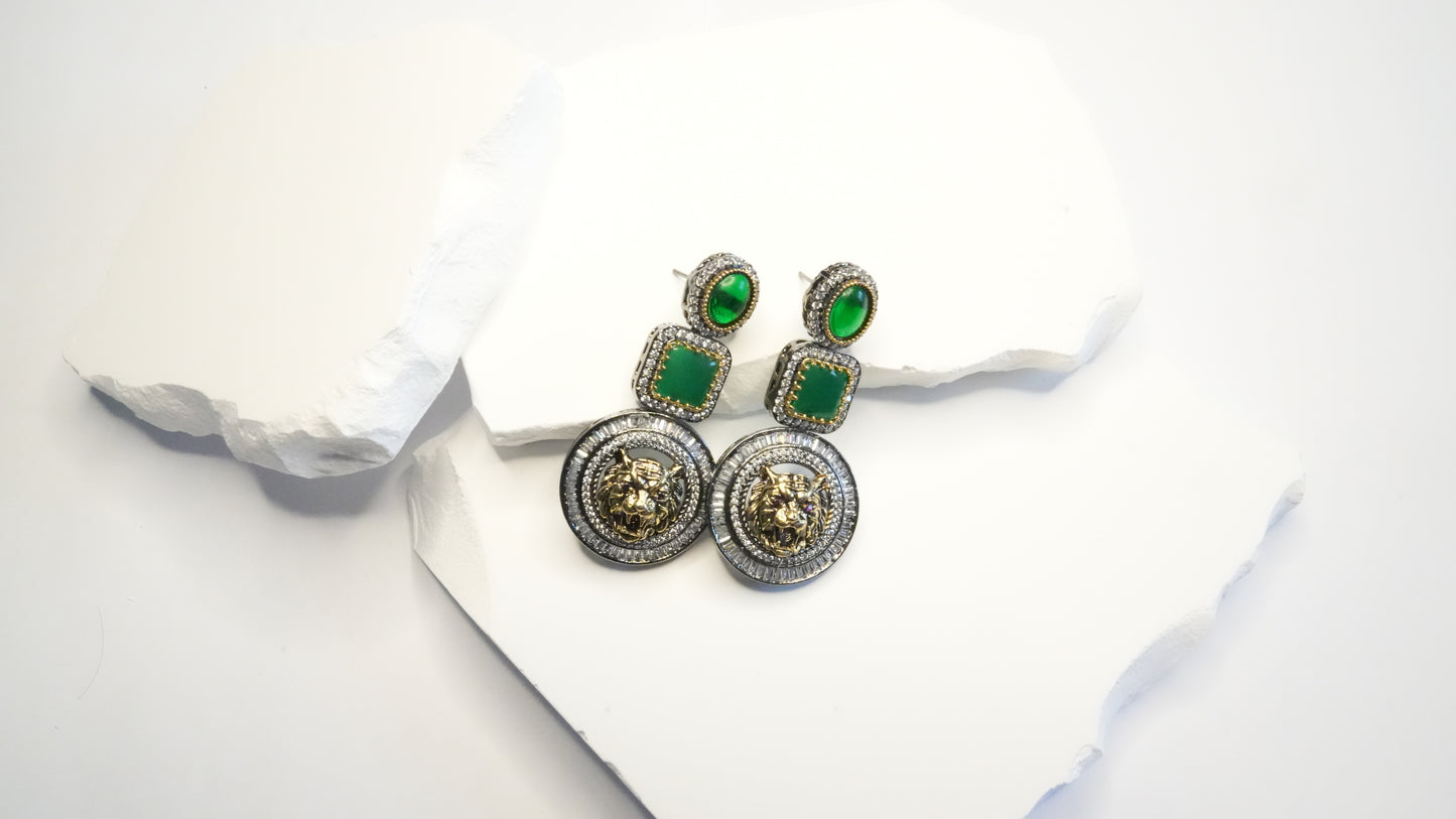 The "Regal Roar" Statement Earrings – Emerald Green & Gold Lion Drop
