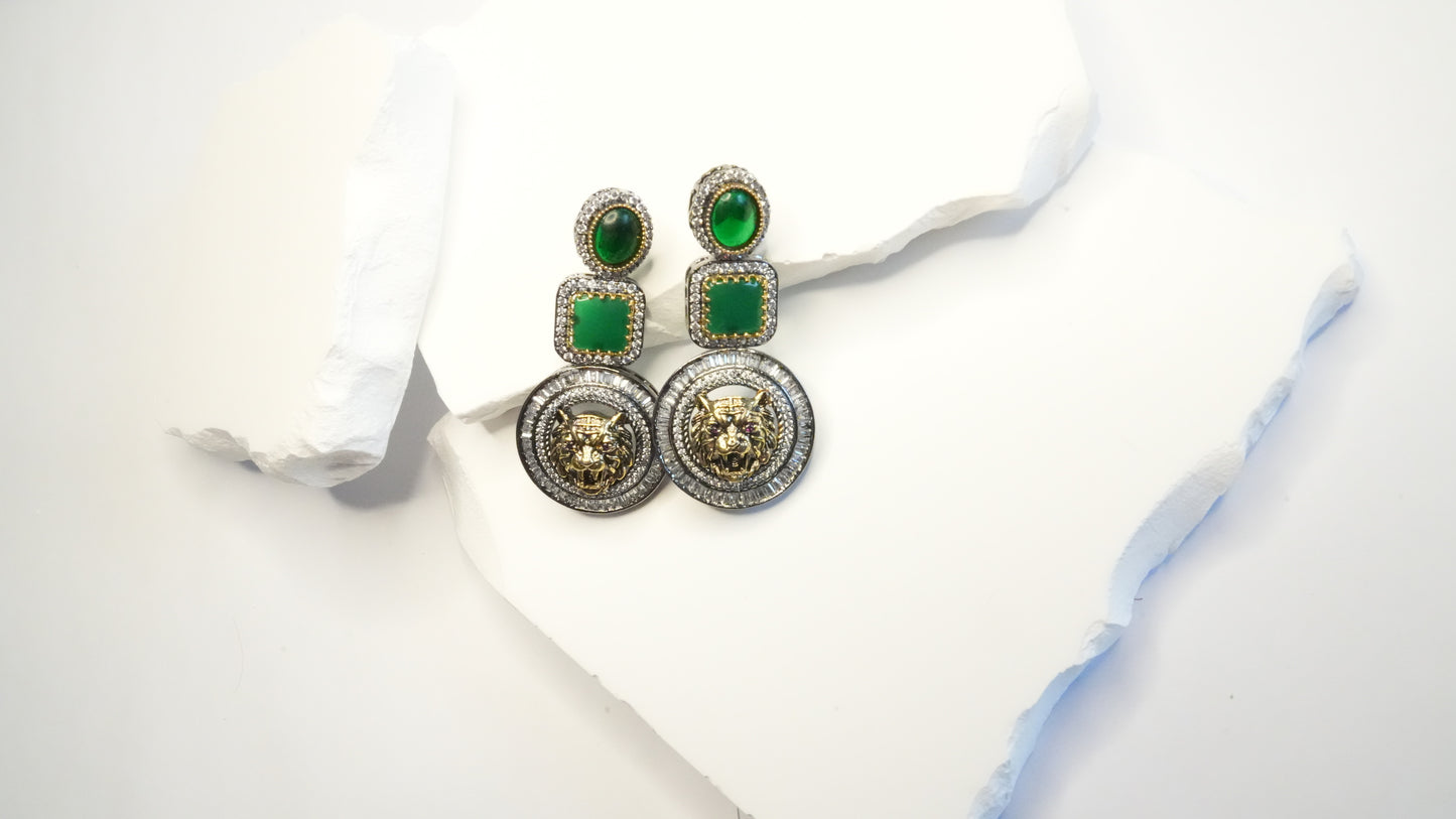 The "Regal Roar" Statement Earrings – Emerald Green & Gold Lion Drop