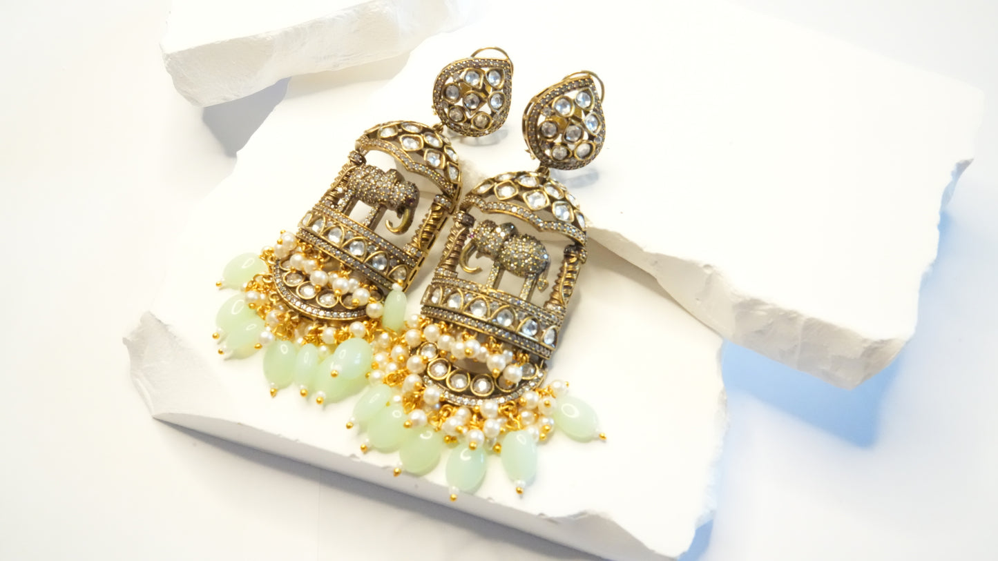 The Maharaja Elephant Statement Earrings – Antique Gold with Mint & Pearl Drops