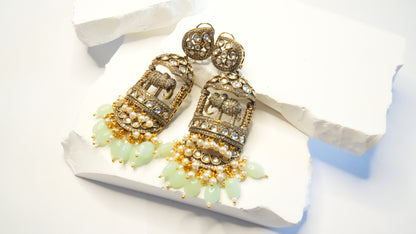 The Maharaja Elephant Statement Earrings – Antique Gold with Mint & Pearl Drops