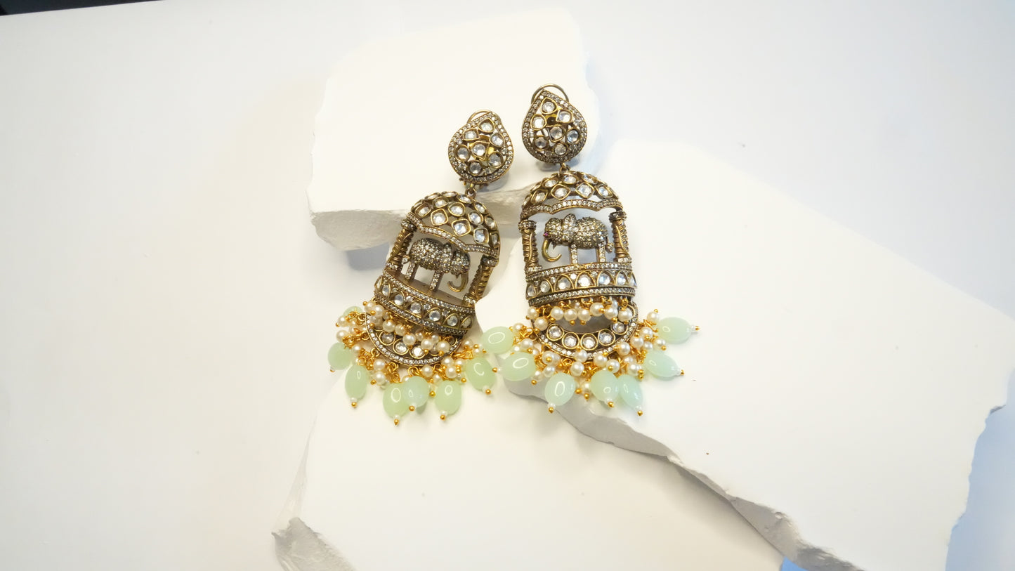 The Maharaja Elephant Statement Earrings – Antique Gold with Mint & Pearl Drops