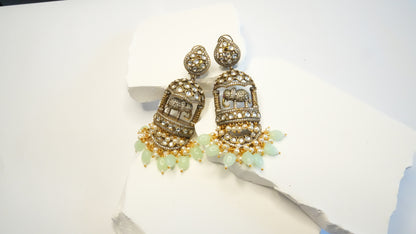 The Maharaja Elephant Statement Earrings – Antique Gold with Mint & Pearl Drops