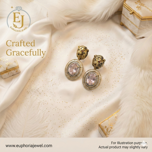 The "Majestic Lion" Statement Drop Earrings – Pink Crystal & Antique Gold