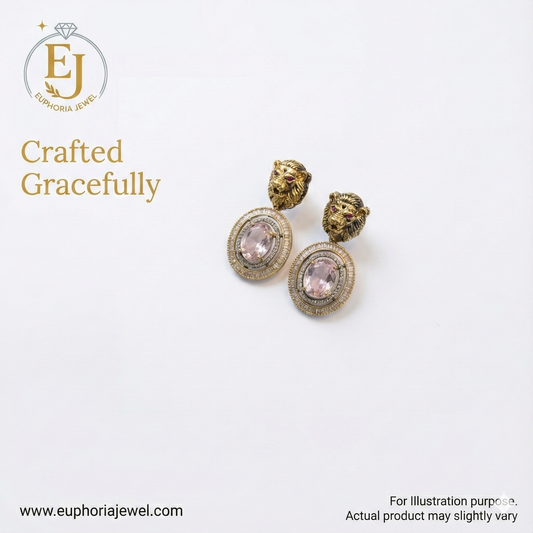 The "Majestic Lion" Statement Drop Earrings – Pink Crystal & Antique Gold