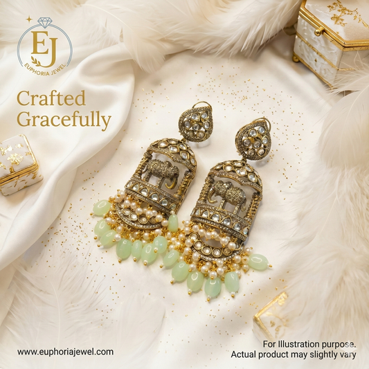 The Maharaja Elephant Statement Earrings – Antique Gold with Mint & Pearl Drops